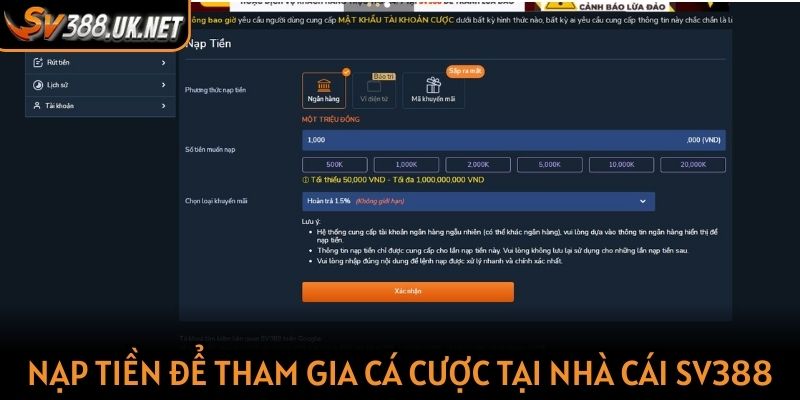 Nạp tiền để tham gia cá cược tại nhà cái SV388